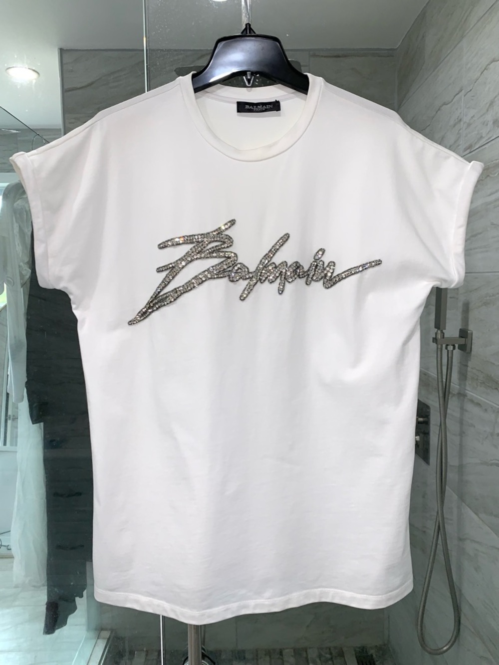 BALMAIN White  Crystal Embellished Logo T-Shirt, Size FR42/US L